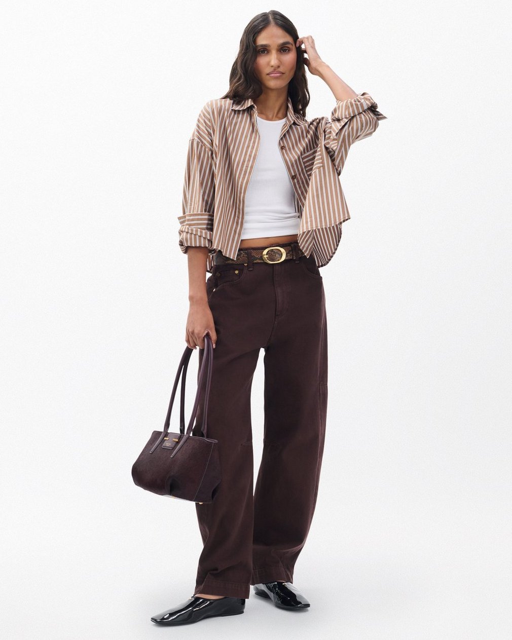 Marin Cropped Striped Shirt - Tobacco Stripe - Image 2