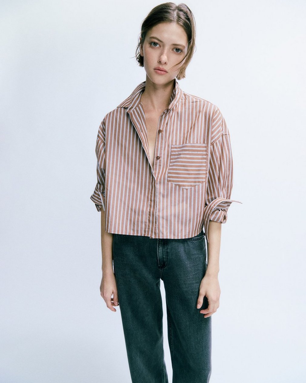 Marin Cropped Striped Shirt - Tobacco Stripe - Image 3