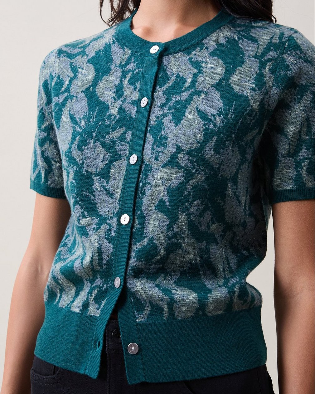 Michal Jacquard Short-Sleeve Cardigan - Teal Petal Multi - Image 3