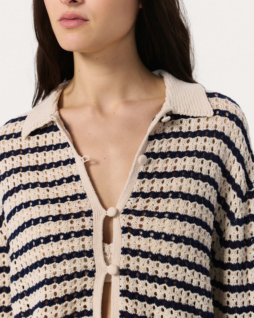 Khloe Striped Open-Knit Cardigan - Ivory - Image 4