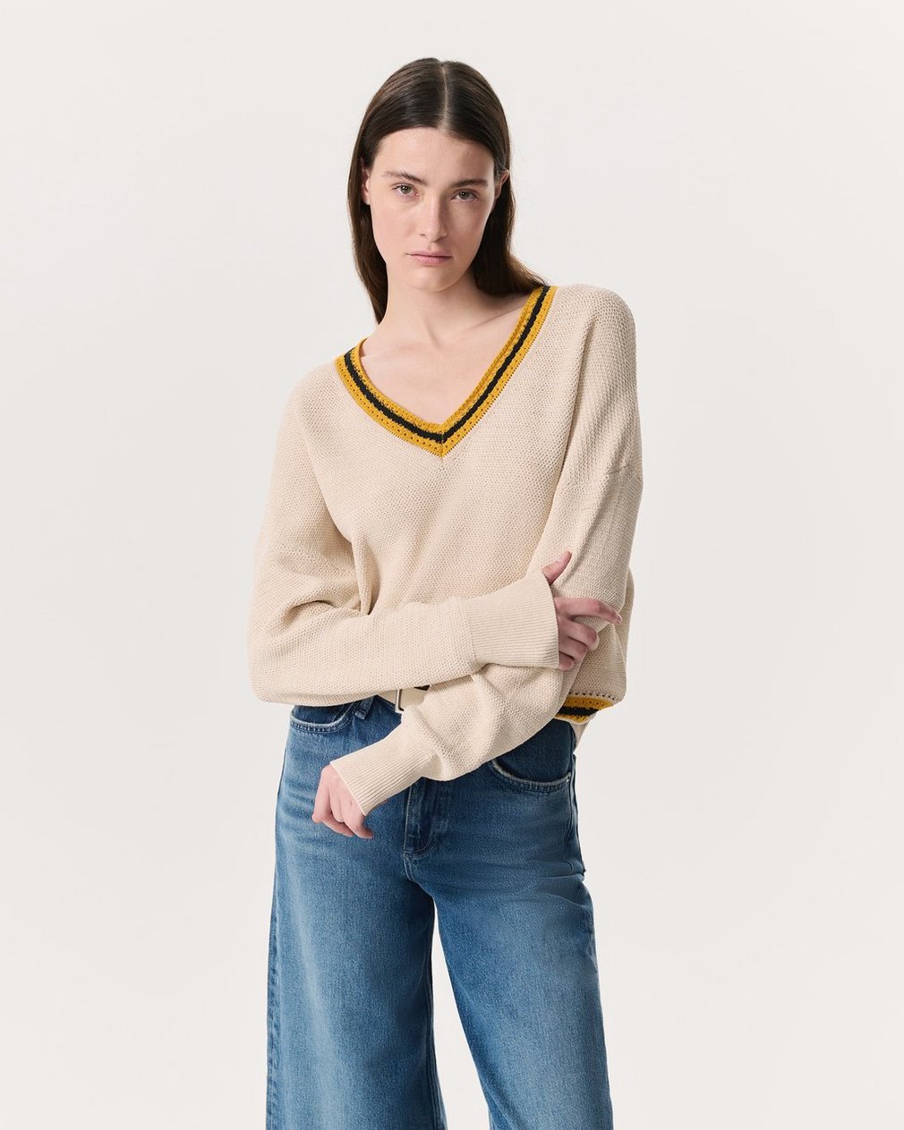 Meghan Striped Crochet-Trim V-Neck Sweater - Ivory - Image 3