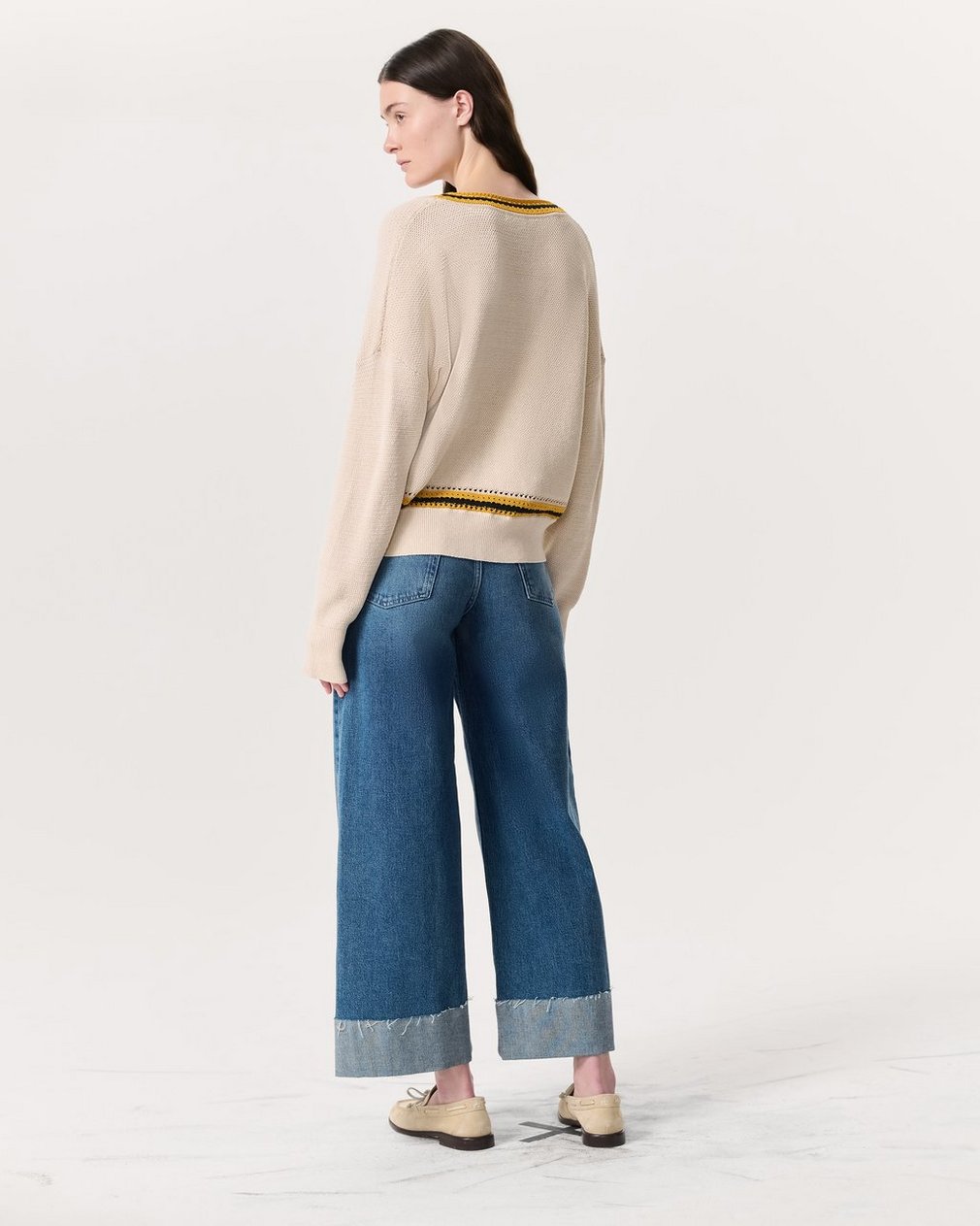 Meghan Striped Crochet-Trim V-Neck Sweater - Ivory - Image 5