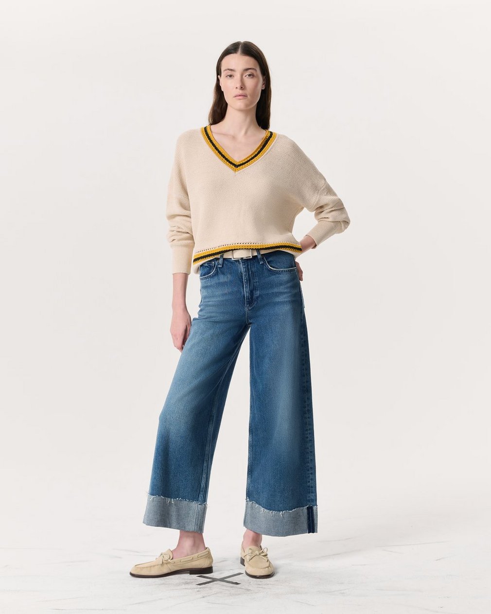 Meghan Striped Crochet-Trim V-Neck Sweater - Ivory - Image 6