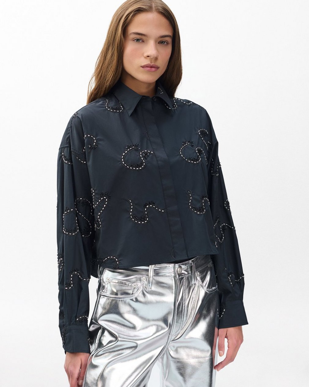 Beatrice Embroidered Poplin Shirt - Black Embroidery - Image 4