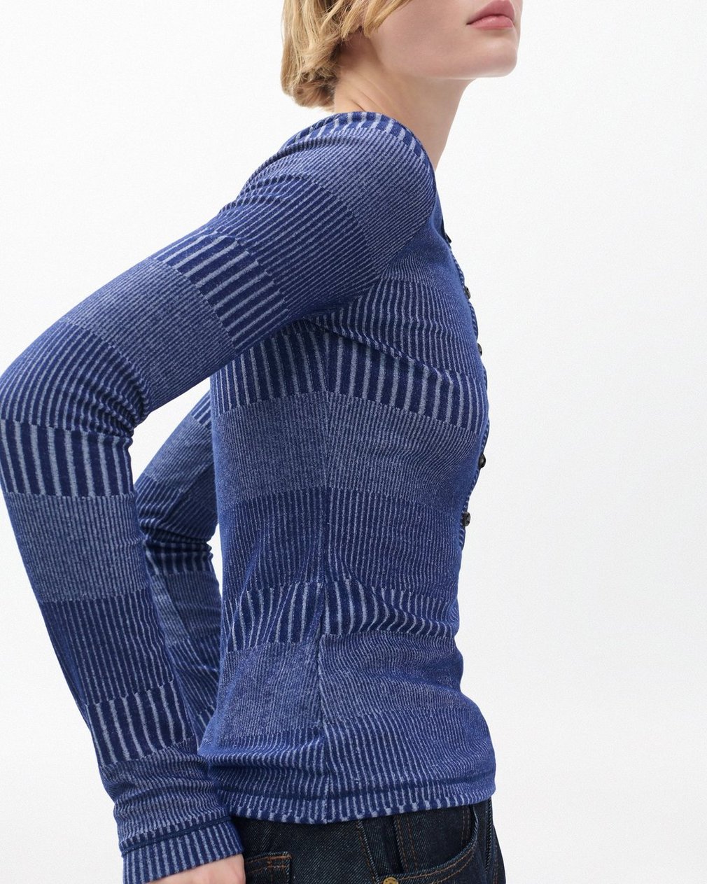 The Knit Striped Ribbed Henley - Sky Blue Multi - Image 4