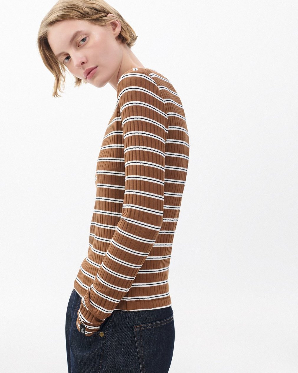 Luca Striped Ribbed Long-Sleeve Tee - Toffee Multi - Image 4