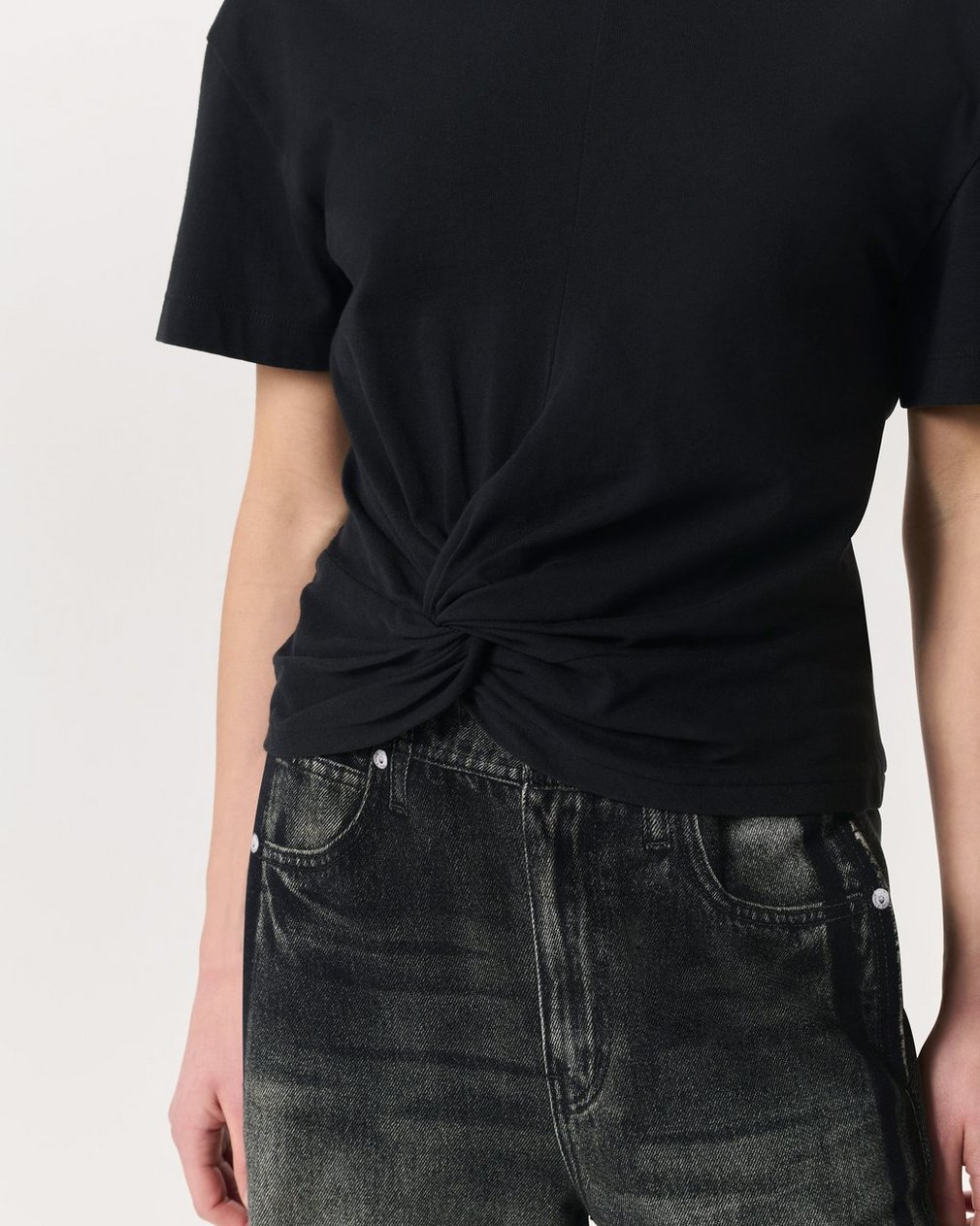 Mica Twist-Detail Draped Cotton T-Shirt - Black - Image 3
