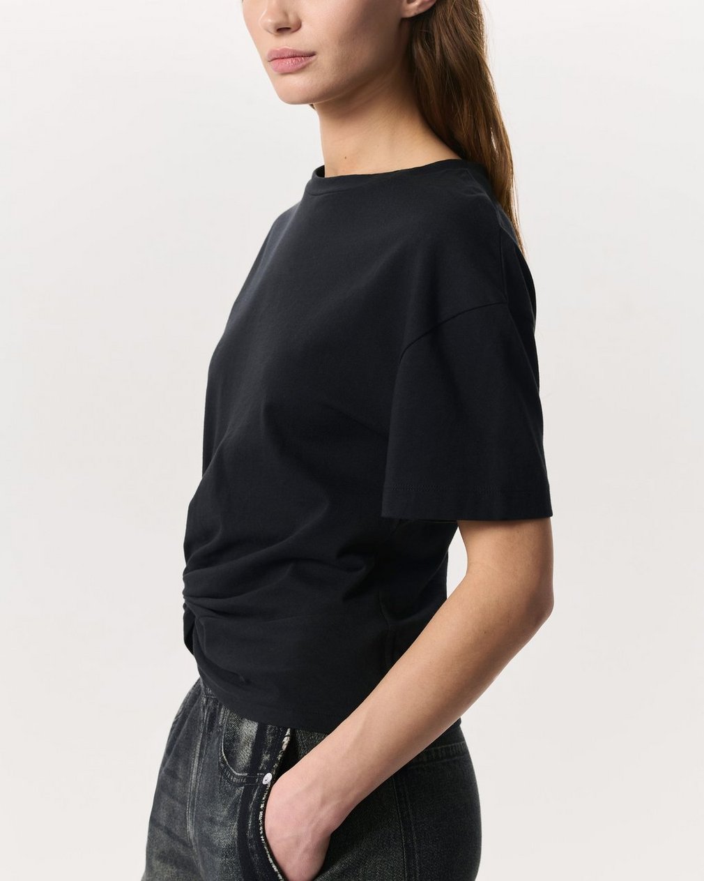 Mica Twist-Detail Draped Cotton T-Shirt - Black - Image 6