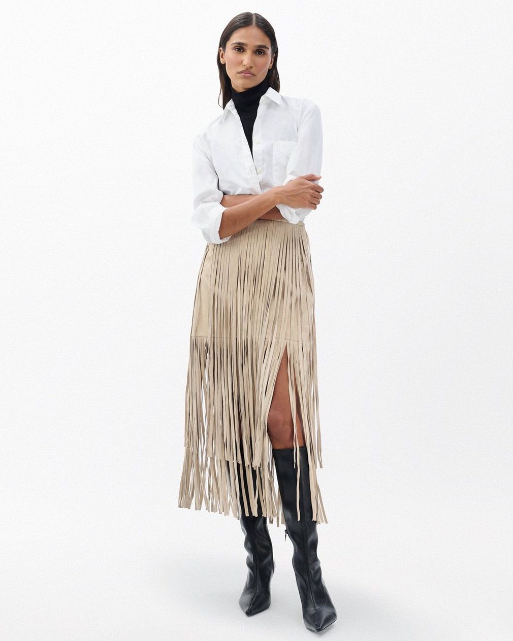 Jasmine Fringed Suede Skirt - Stone - Image 3