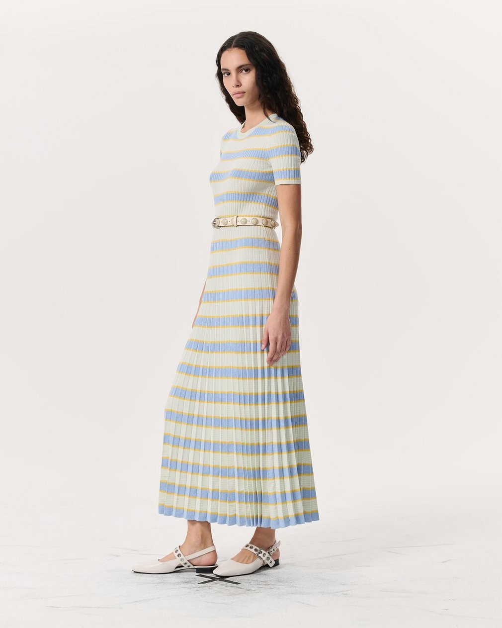 Eloise Striped Rib-Knit Pleated Midi Dress - Green Multi - Image 4