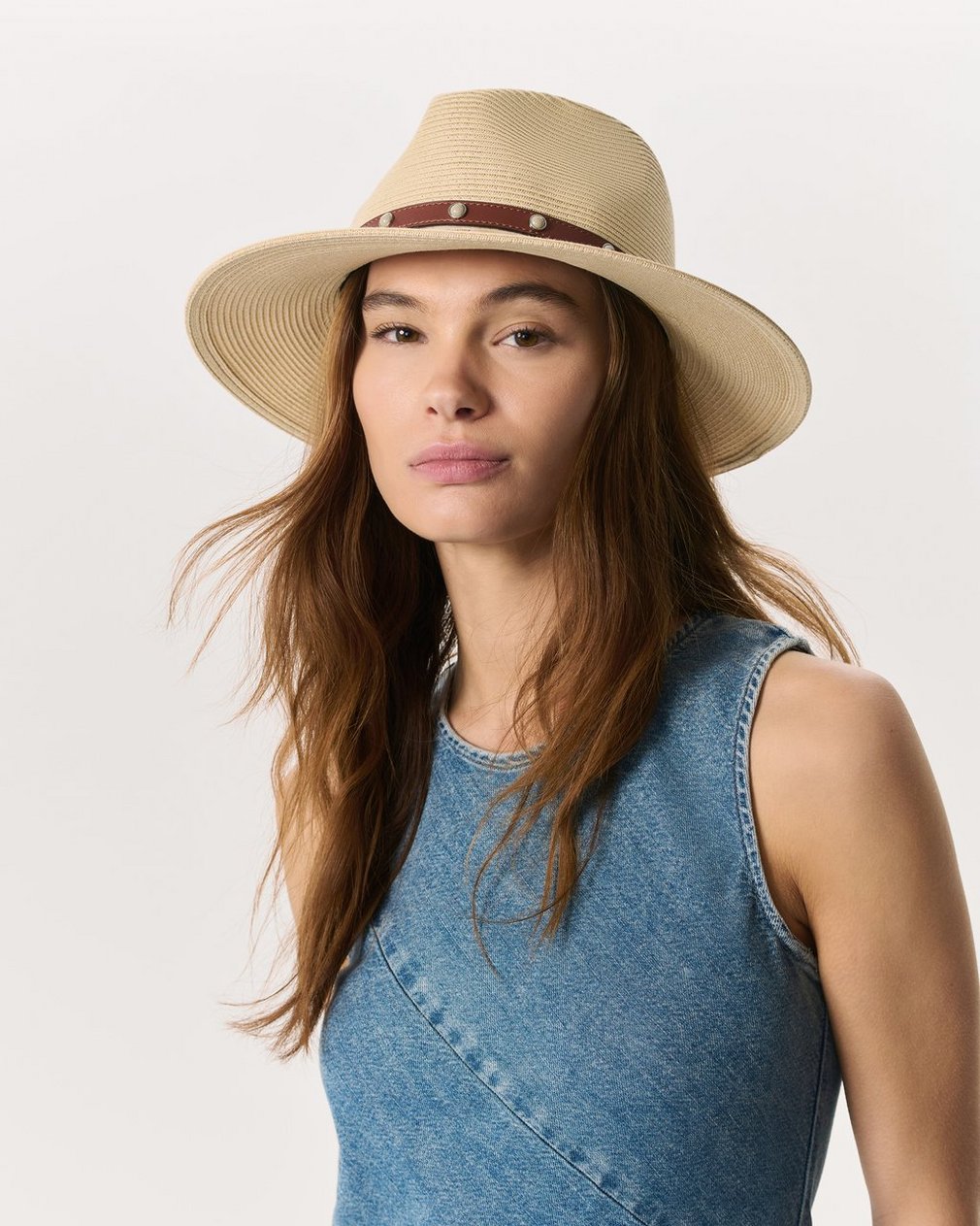 Cabochon-Studded Packable Straw Fedora - Natural - Image 2