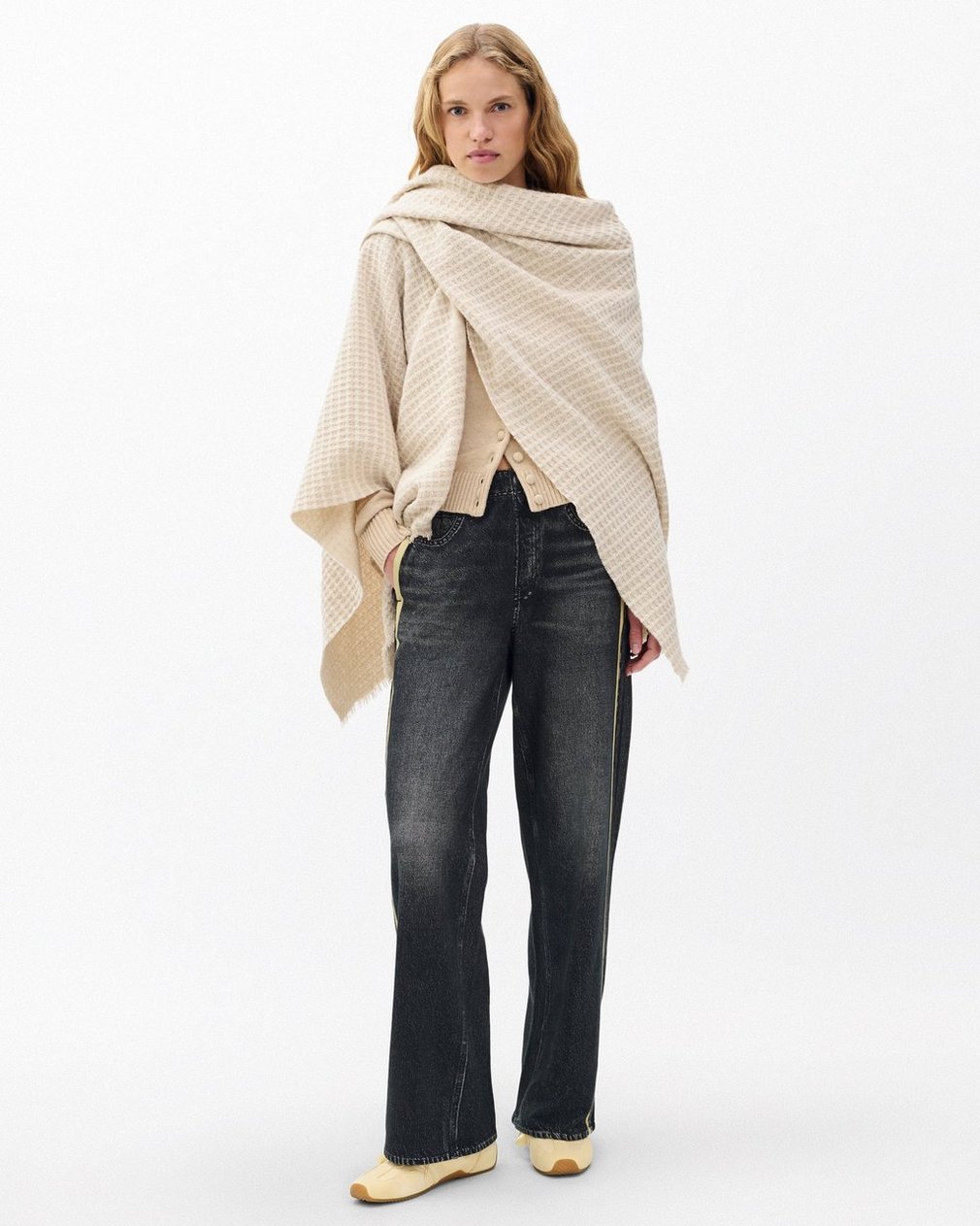 Joni Waffle-Knit Wool Poncho - Oatmeal - Image 3