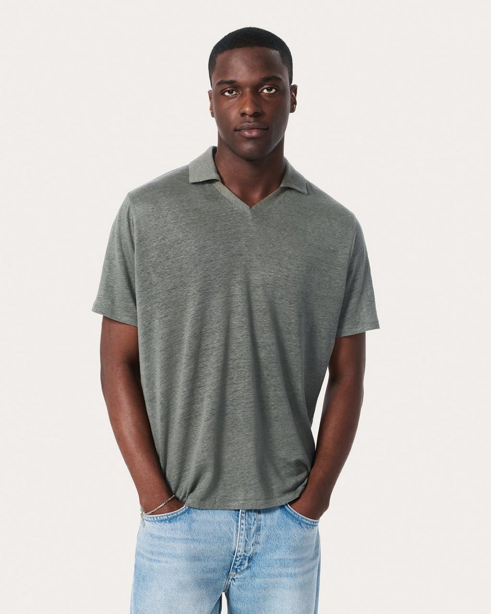 Linen Johnny Collar Polo - Pavement - Image 2