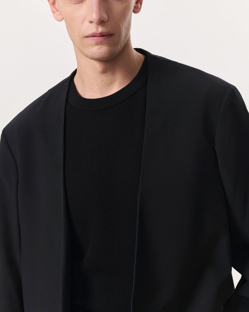 Collarless Wool-Blend Ripstop Blazer - Black - Image 3