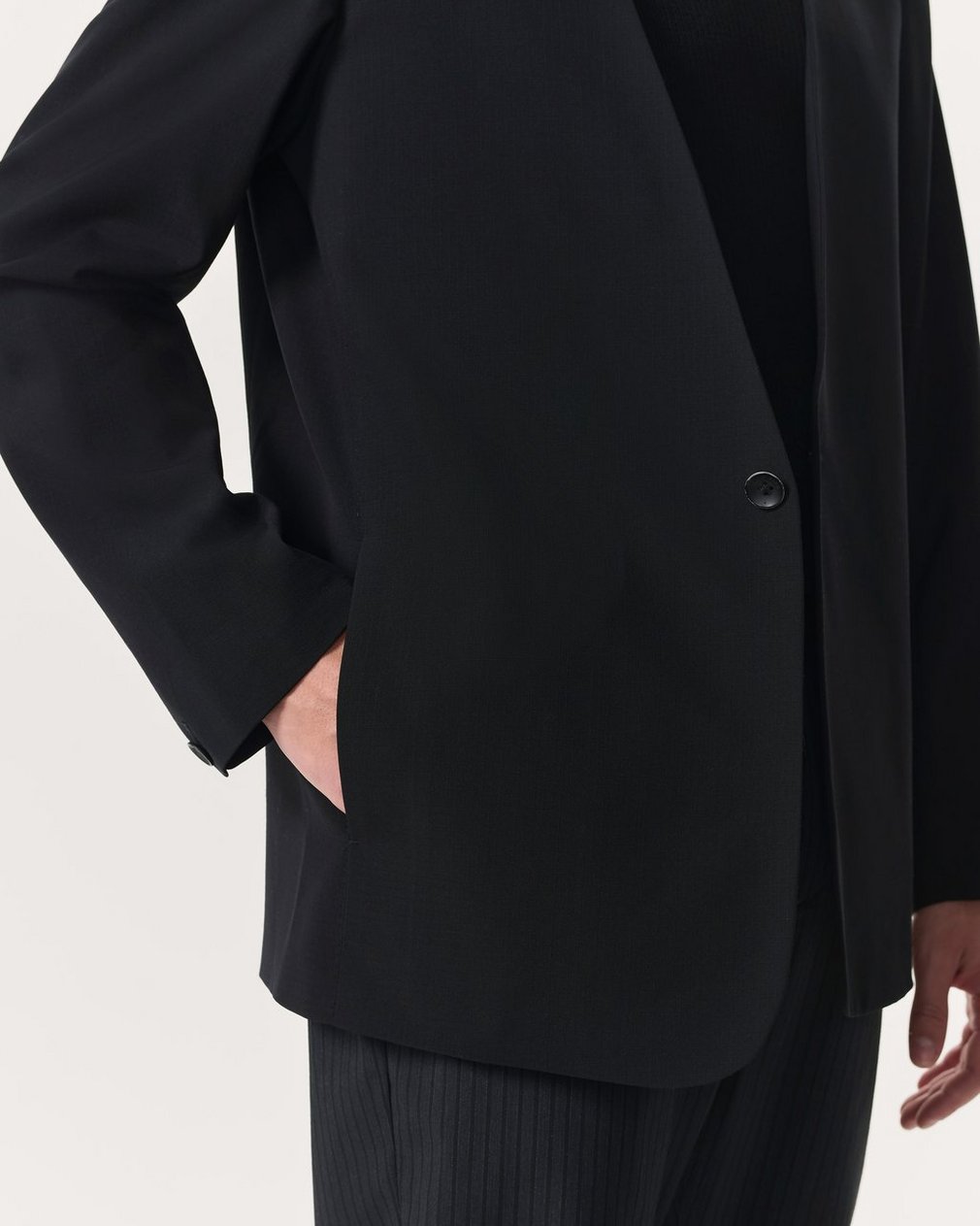 Collarless Wool-Blend Ripstop Blazer - Black - Image 6