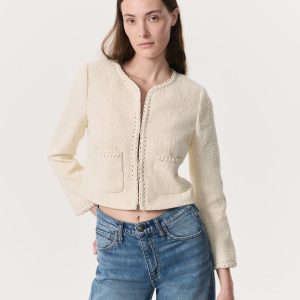 Cheyenne Whipstitch-Trimmed Tweed Lady Jacket White