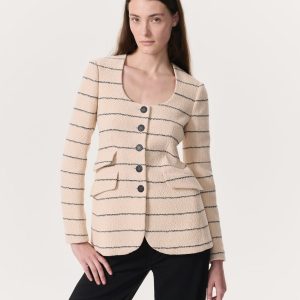 Roslyn Cotton Tweed Scoop-Neck Blazer Cream