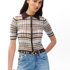 Leva Plaid Zip Polo Sweater Ivory Multi