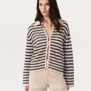 Khloe Striped Open-Knit Cardigan Ivory