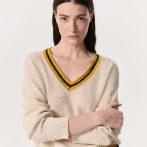 Meghan Striped Crochet-Trim V-Neck Sweater Ivory
