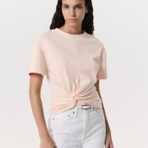 Mica Twist-Detail Draped Cotton T-Shirt Peach