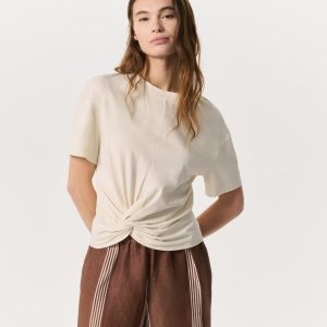 Mica Twist-Detail Draped Cotton T-Shirt Ivory