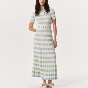 Eloise Striped Rib-Knit Pleated Midi Dress Green Multi