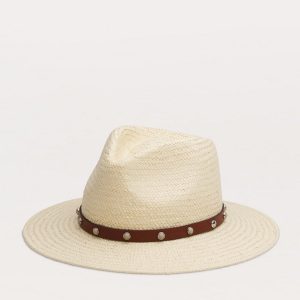 Cabochon-Studded Packable Straw Fedora Natural