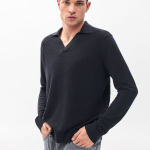 Charles Johnny Collar Wool Polo Washed Black