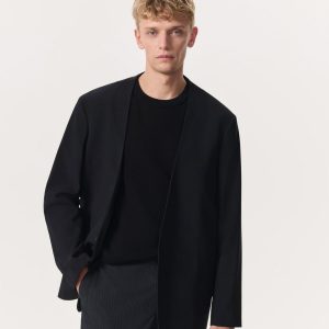 Collarless Wool-Blend Ripstop Blazer Black